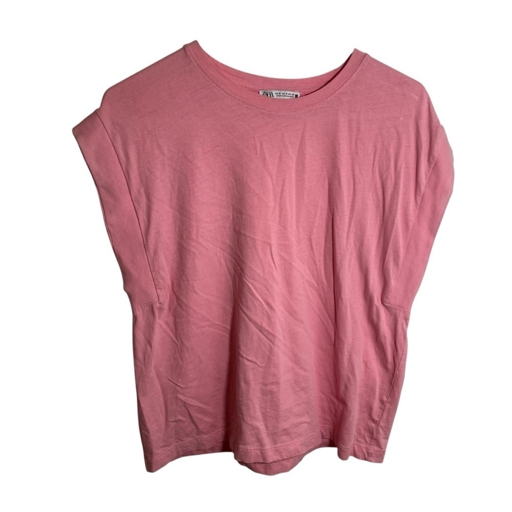 Zara Women's Size Small Crewneck T-Shirt Light Pink Ribbed Side Cap Sleeve